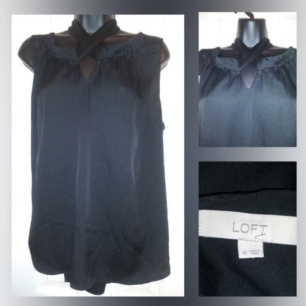 Ann Taylor LOFT black sleeveless tie neck blouse